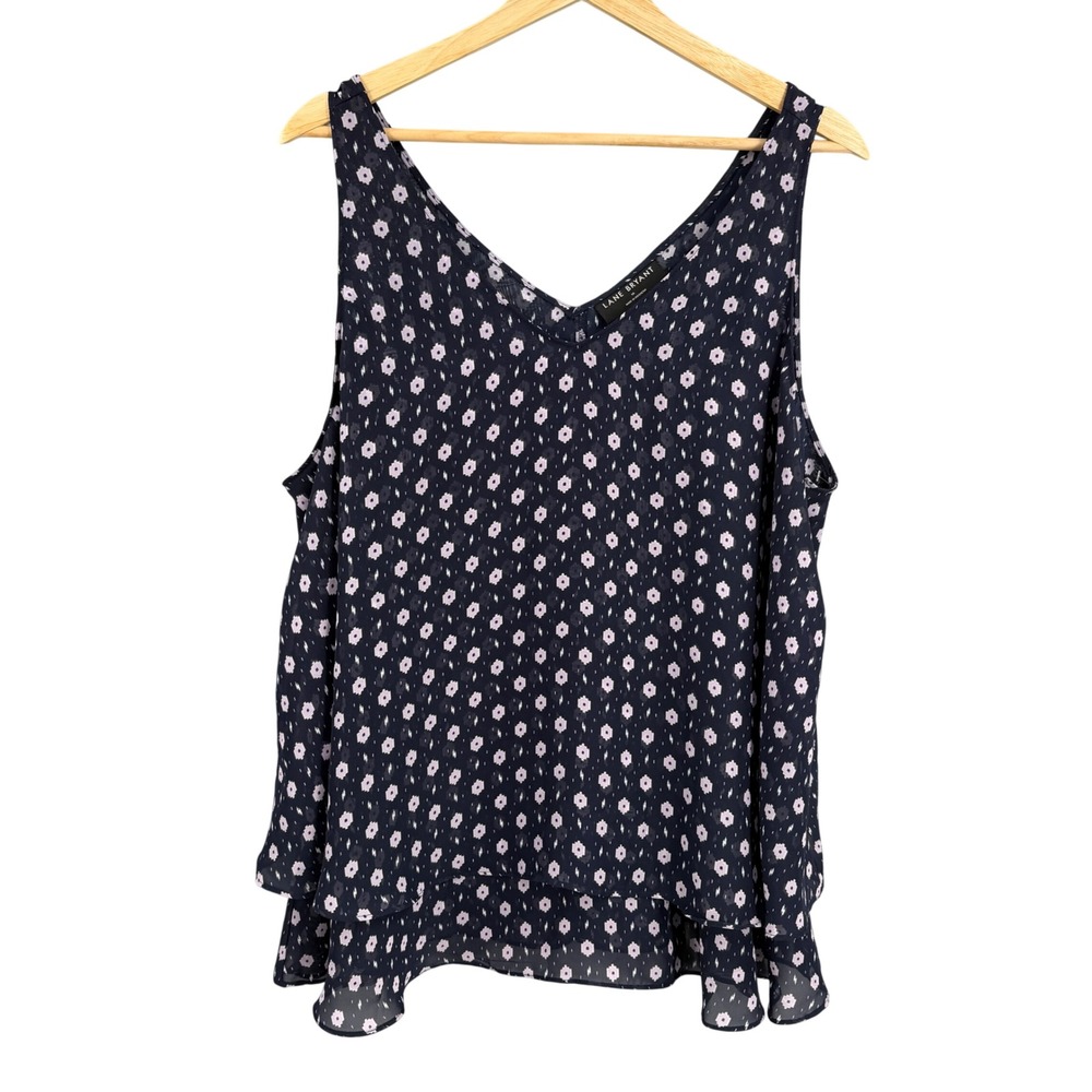 Lane Bryant Tank Top Size 16 Navy Blue Pink Floral Layered Chiffon V-Neck